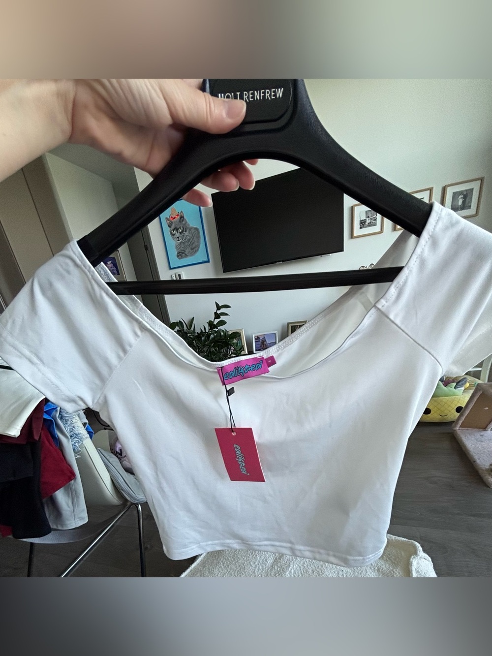 Edikted White Scoop Crop Top with Pink Tag
